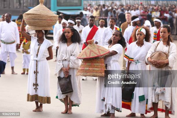 Ethiopians with traditional clothes take part in the celebration of the 122nd Anniversary of Ethiopia's Battle of Adwa at King II Menelik Square in...
