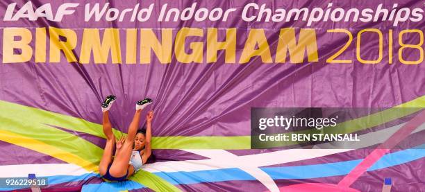 Britain's Katarina Johnson-Thompson competes in the women's high jump pentathlon event at the 2018 IAAF World Indoor Athletics Championships at the...