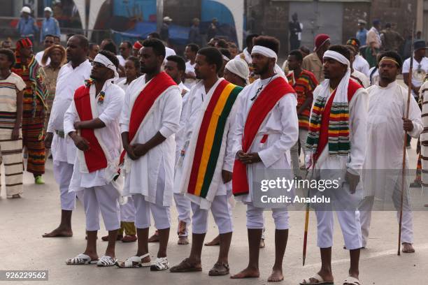 Ethiopians with traditional clothes take part in the celebration of the 122nd Anniversary of Ethiopia's Battle of Adwa at King II Menelik Square in...