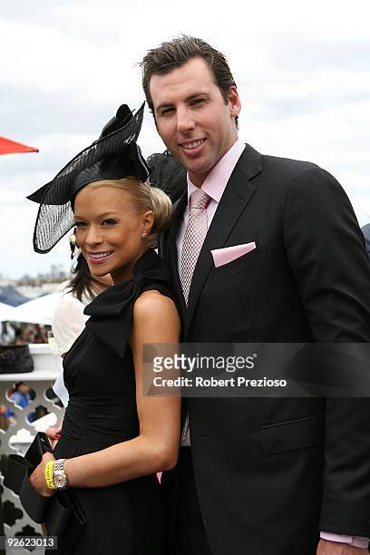 Grant Hackett and wife Candice Alley pose at the Emirates marquee during the Emirates Melbourne Cup Day 2009 at Flemington Racecourse on November 3,...