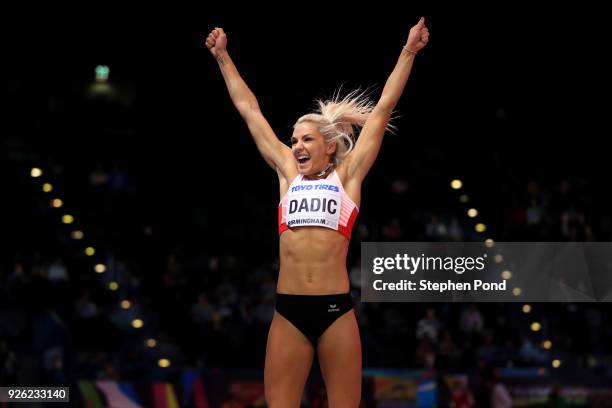 Ivona Dadic of Austria celebrates in the High Jump Womens Pentathlon during the IAAF World Indoor Championships on Day Two at Arena Birmingham on...