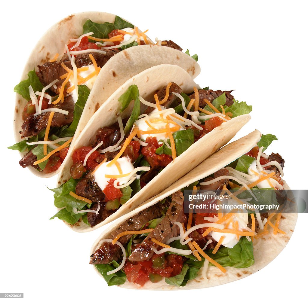 Three beef tacos on a white background