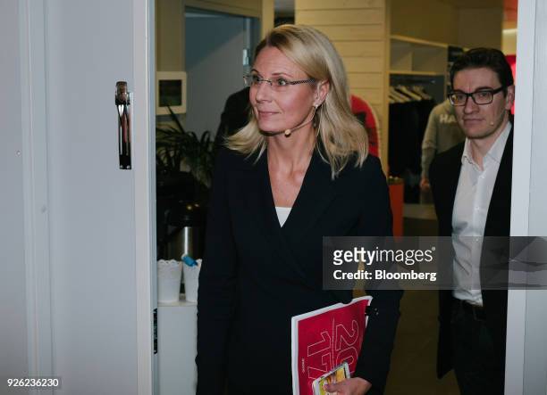 Kati Levoranta, chief executive officer of Rovio Entertainment Oyj, arrives ahead of a news conference in Espoo, Finland, on Friday, March 2, 2018....
