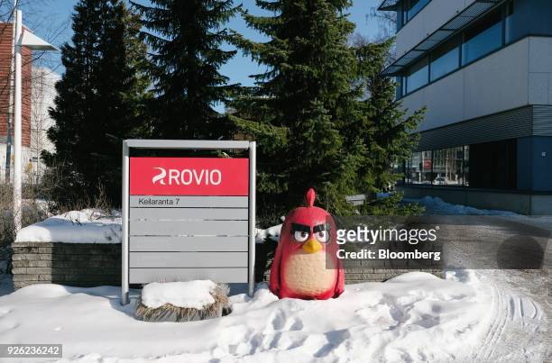 Model of Angry Birds character 'Red' sits on display at the entrance to the headquarters of Rovio Entertainment Oyj, in Espoo, Finland, on Friday,...