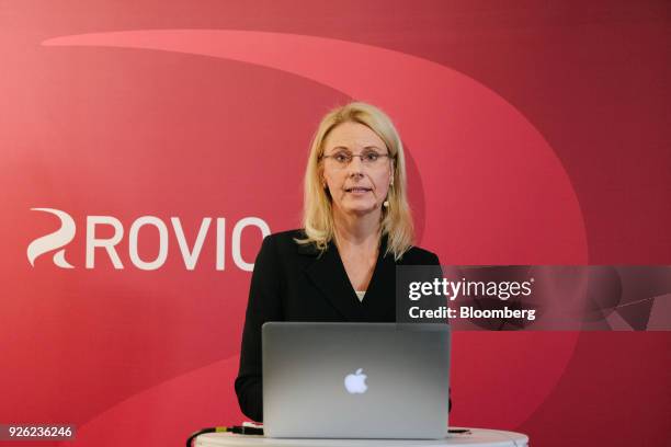 Kati Levoranta, chief executive officer of Rovio Entertainment Oyj, speaks during a news conference in Espoo, Finland, on Friday, March 2, 2018. The...