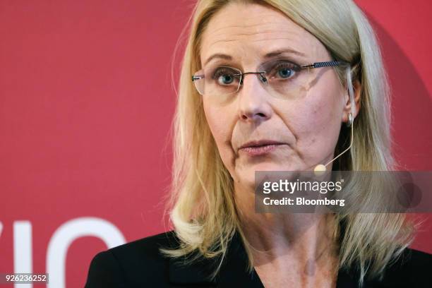 Kati Levoranta, chief executive officer of Rovio Entertainment Oyj, speaks during a news conference in Espoo, Finland, on Friday, March 2, 2018. The...