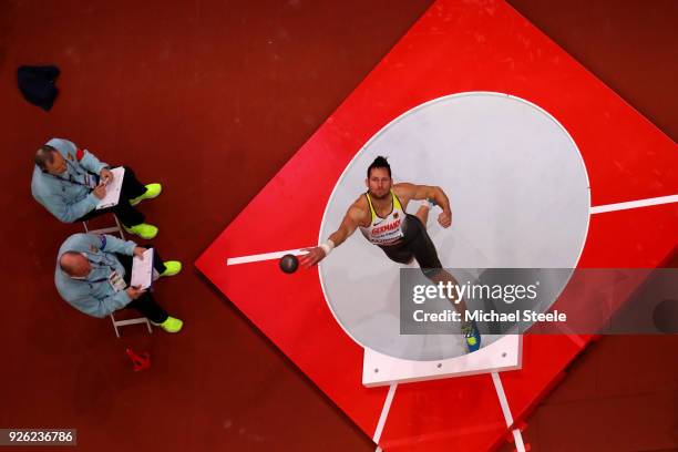 Kai Kazmirek of Germany competes in the Shot Put Mens Heptathlon during the IAAF World Indoor Championships on Day Two at Arena Birmingham on March...