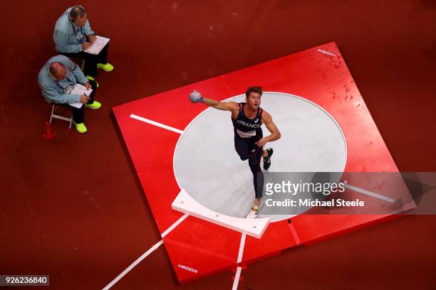 Kevin Mayer of France competes in the Shot Put Mens Heptathlon during the IAAF World Indoor Championships on Day Two at Arena Birmingham on March 2,...