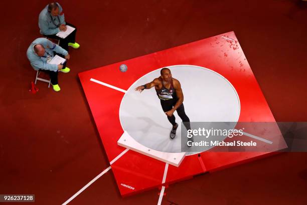 Damian Warner of Canada competes in the Shot Put Mens Heptathlon during the IAAF World Indoor Championships on Day Two at Arena Birmingham on March...