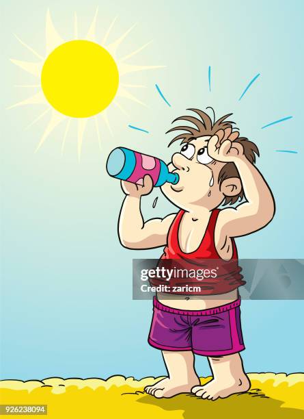 stockillustraties, clipart, cartoons en iconen met man erg warm want verhoogde temperatuur - hyperthermia