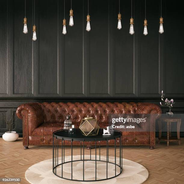 black classic interior - leather couch stock pictures, royalty-free photos & images