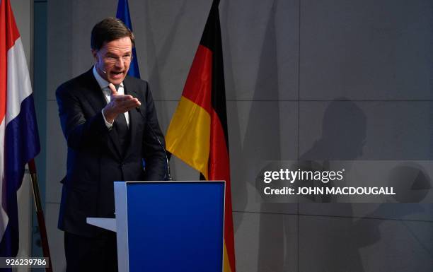 The Prime Minister of the Netherlands Mark Rutte gives a speech on the future of Europe on March 2, 2018 at the Bertelsmann foundation in Berlin. /...