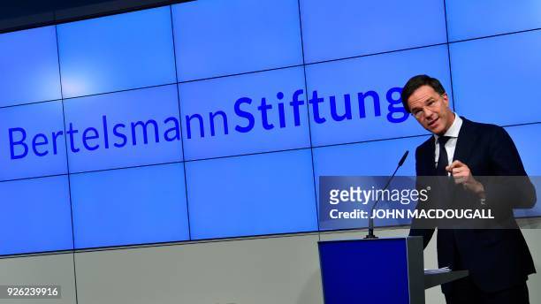 The Prime Minister of the Netherlands Mark Rutte gives a speech on the future of Europe on March 2, 2018 at the Bertelsmann foundation in Berlin. /...