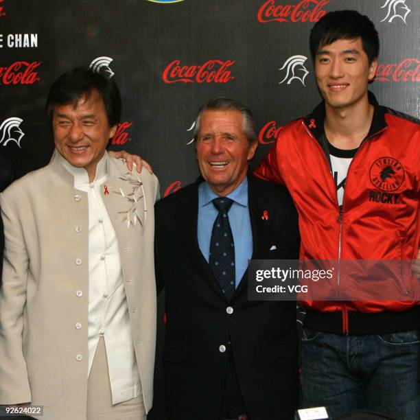 Movie star Jackie Chan, Gary Player, nicknamed The Black Knight, and Chinese 110 meter hurdler Liu Xiang attend a charity party of 'Hand in Hand,...
