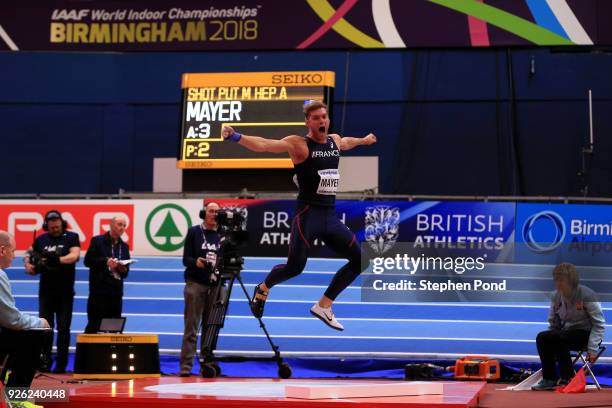 Kevin Mayer of France celebrates after winning the Shot Put Mens Heptathlon during the IAAF World Indoor Championships on Day Two at Arena Birmingham...