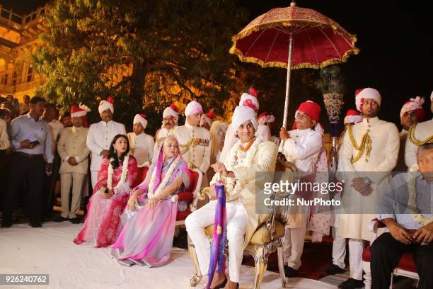 Jaipur Princess Diya Kumari , Rajmata Padmini Devi and Maharaja of Royal family Padmanabh Singh participate in 'Holika Dehan' at City Palace on the...