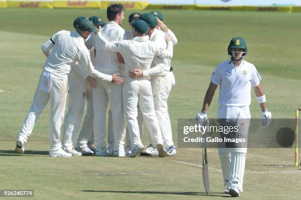 Aiden Markram of the Proteas out for 32 runs during day 2 of the 1st Sunfoil Test match between South Africa and Australia at Sahara Stadium...