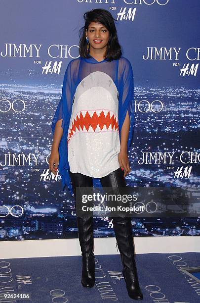 Singer M.I.A. Arrives at the Jimmy Choo for H&M Collection private event in support of the Motion Picture & Television Fund on November 2, 2009 in...