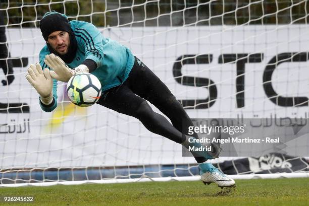 Kiko Casilla of Real Madrid in action during a training session at Valdebebas training ground on March 2, 2018 in Madrid, Spain.