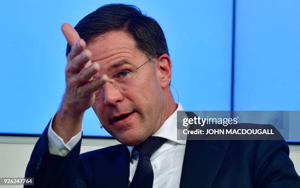 The Prime Minister of the Netherlands Mark Rutte answers questions from the public after his speech on the future of Europe on March 2, 2018 at the...