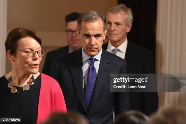 Bank of England Governor Mark Carney arrives to listen to British Prime Minister Theresa May delivering a speech at Mansion House on March 2, 2018 in...