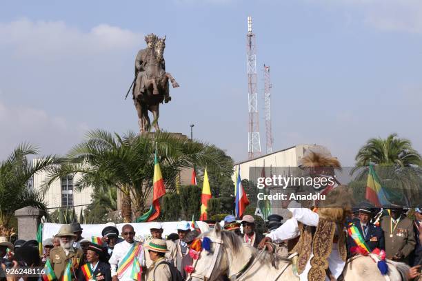 Ethiopians, wearing tradition clothes, attend an event to mark the 122nd Anniversary of Ethiopia's Battle of Adwa at King II Menelik Square in Addis...