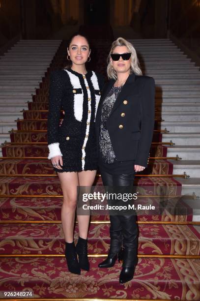 Matilde Gioli and Emma Marrone attend the Balmain show as part of the Paris Fashion Week Womenswear Fall/Winter 2018/2019 on March 2, 2018 in Paris,...