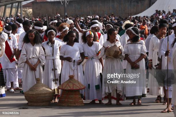 Ethiopians, wearing tradition clothes, attend an event to mark the 122nd Anniversary of Ethiopia's Battle of Adwa at King II Menelik Square in Addis...
