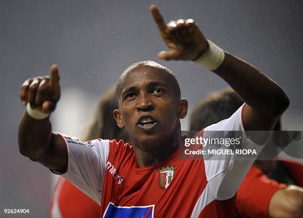 Braga´s Paulo Cesar from Brazil celebrates after scoring a second goal against SL Benfica during their Portuguese league football match at the AXA...