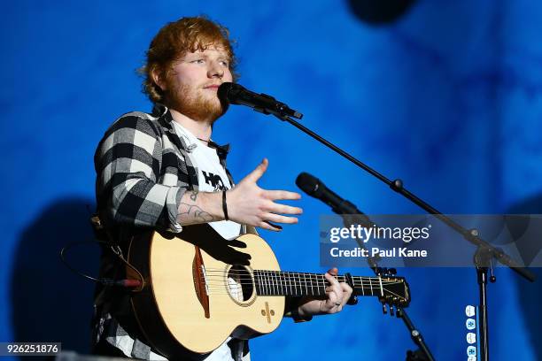 Ed Sheeran interacts with concert-goers during his concert on the opening night of his Australian tour at Optus Stadium on March 2, 2018 in Perth,...