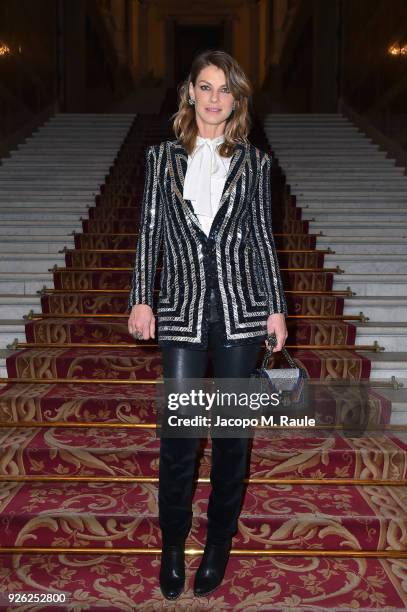 Angela Lindvall attends the Balmain show as part of the Paris Fashion Week Womenswear Fall/Winter 2018/2019 on March 2, 2018 in Paris, France.