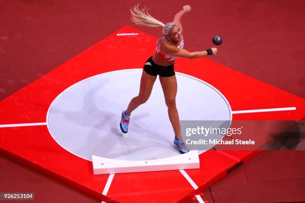 Ivona Dadic of Austria competes in the Shot Put Womens Pentathlon during the IAAF World Indoor Championships on Day Two at Arena Birmingham on March...