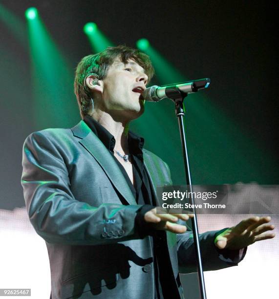 Morten Harket of A-Ha performs on stage at the NIA Arena on November 2, 2009 in Birmingham, England.