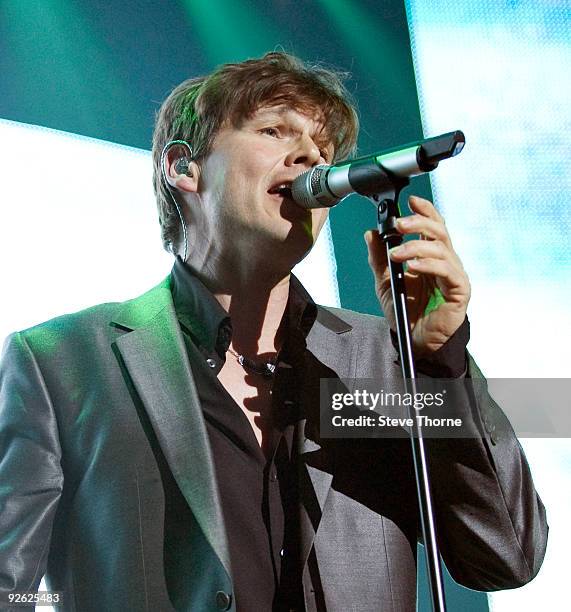 Morten Harket of A-Ha performs on stage at the NIA Arena on November 2, 2009 in Birmingham, England.