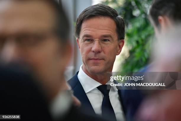 The Prime Minister of the Netherlands Mark Rutte talks with guests prior to an event on the future of Europe on March 2, 2018 at the Bertelsmann...