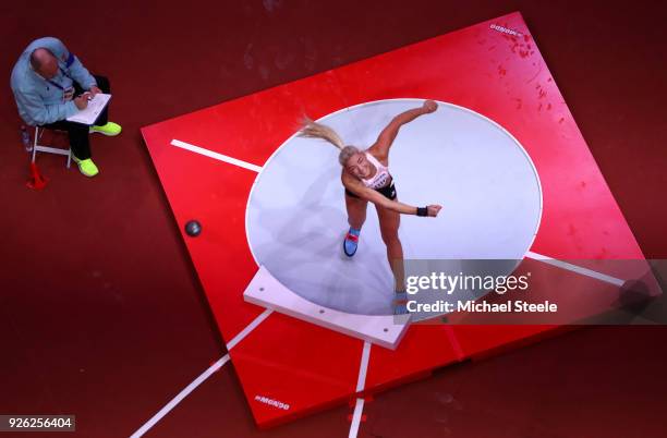 Ivona Dadic of Austria competes in the Shot Put Womens Pentathlon during the IAAF World Indoor Championships on Day Two at Arena Birmingham on March...