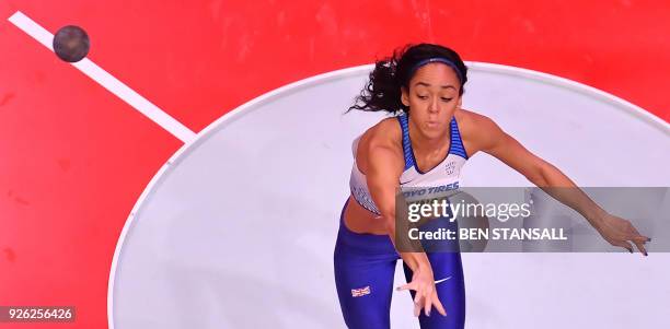 Britain's Katarina Johnson-Thompson competes in the women's shot put pentathlon event at the 2018 IAAF World Indoor Athletics Championships at the...