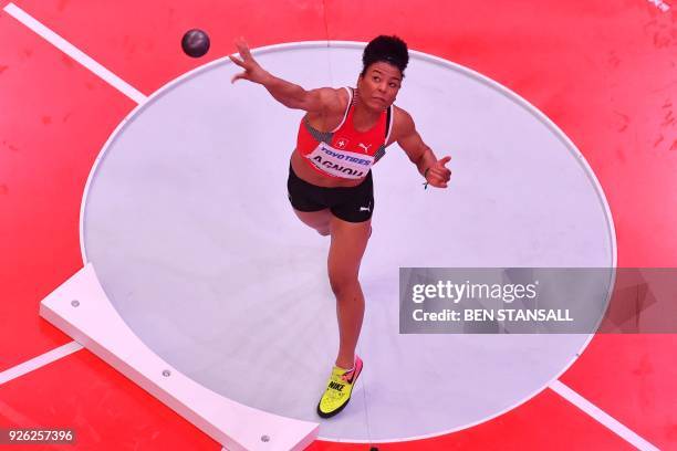 Switzerland's Caroline Agnou competes in the women's shot put pentathlon event at the 2018 IAAF World Indoor Athletics Championships at the Arena in...