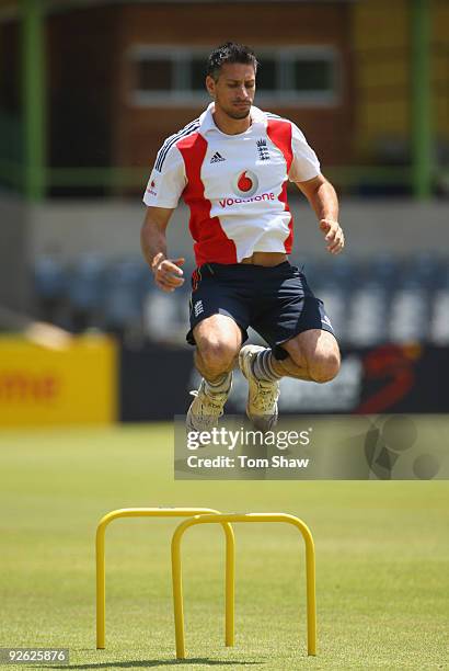 Sajid Mahmood of England does some warm up exercises during the England nets session at the Outsurance Oval on November 3, 2009 in Bloemfontein,...