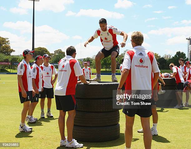 Sajid Mahmood of England jumps on some tyres during the England nets session at the Outsurance Oval on November 3, 2009 in Bloemfontein, South Africa.