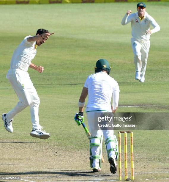 Mitchell Starc of Australia celebrates the wicket of Faf du Plessis of the Proteas during day 2 of the 1st Sunfoil Test match between South Africa...