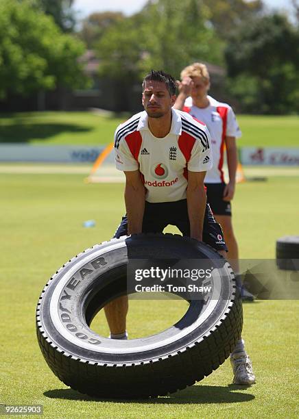 Sajid Mahmood of England lifts a tyre during the England nets session at the Outsurance Oval on November 3, 2009 in Bloemfontein, South Africa.