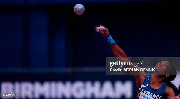 France's Antoinette Nana Djimou competes in the women's shot put pentathlon event at the 2018 IAAF World Indoor Athletics Championships at the Arena...