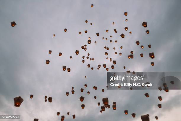 Sky lanterna are seen during the Pingxi lantern festival on March 2, 2018 in Pingxi, Taiwan. Pingxi, a Taiwanese district known for its old train...