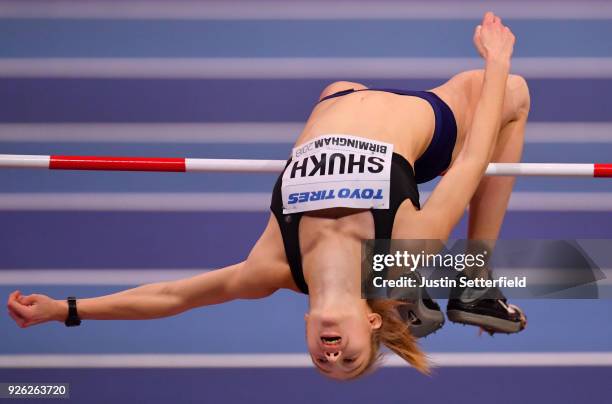 Alina Shukh of Ukraine competes in the High Jump Womens Pentathlon during the IAAF World Indoor Championships on Day Two at Arena Birmingham on March...