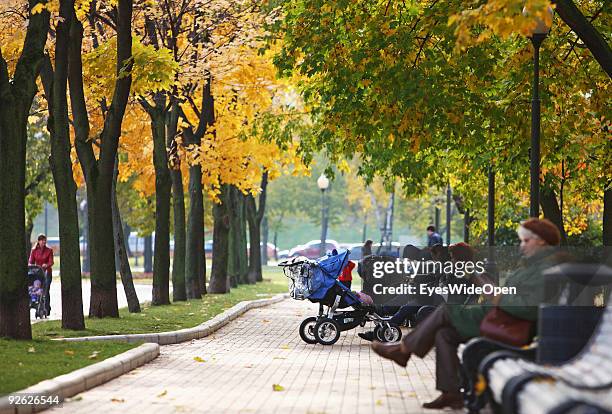 Park at the new Monastery of the Virgins on October 14, 2009 in Moscow, Russia. Its the biggest and most beautiful monastery of Moscow and a UNESCO...