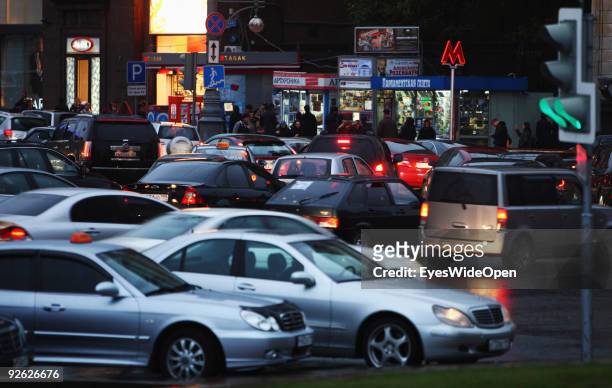 Traffic at rush hour around revolution square on October 14, 2009 in Moscow, Russia. Moscow is the biggest European City with more than 15 million...