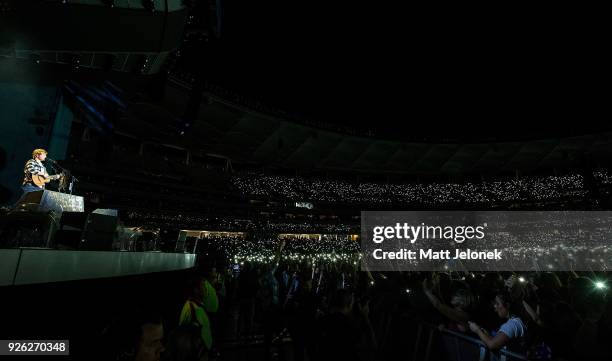 Ed Sheeran performs in concert on the opening night of his Australian tour at Optus Stadium on March 2, 2018 in Perth, Australia.