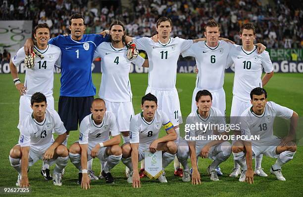 Slovenia's football team players: top row Zlatko Dedic, Samir Handanovic, Marko Suler, Milivoje Novakovic, Matej Mavric, Valter Birsa, front row...