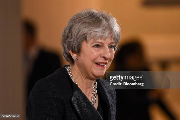 Theresa May, U.K. Prime minister, reacts as she delivers a speech on Brexit at Mansion House in London, U.K., on Friday, March 2, 2018. The U.K....